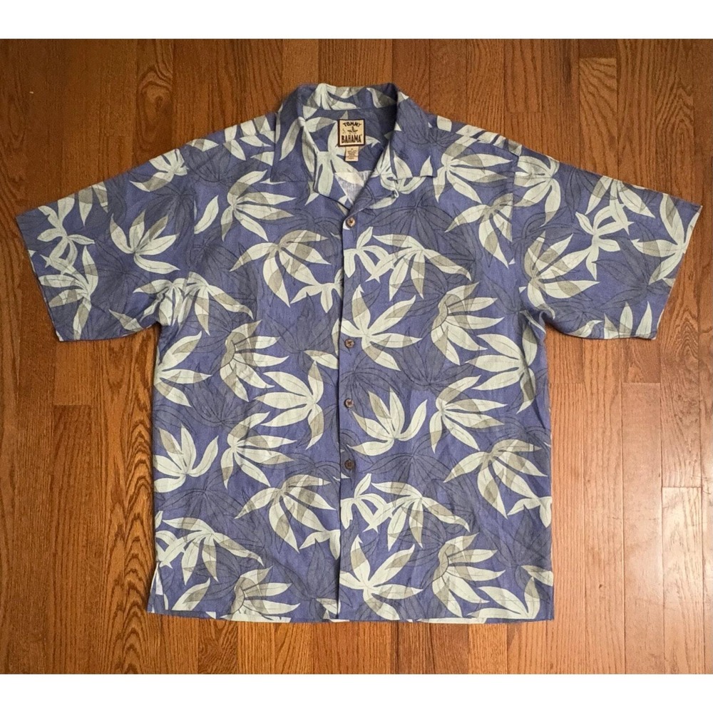 Tommy Bahama Mens M Silk Blue Tropical Leaf Print Short Sleeve Camp Shirt
